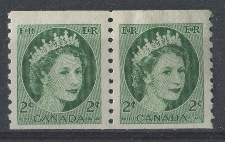 Canada #345 (SG#469) 2c Green 1954 Wilding Issue Coil Pair 4 mm Spacing, DF Gr. Smooth Paper VF-75 NH Brixton Chrome 