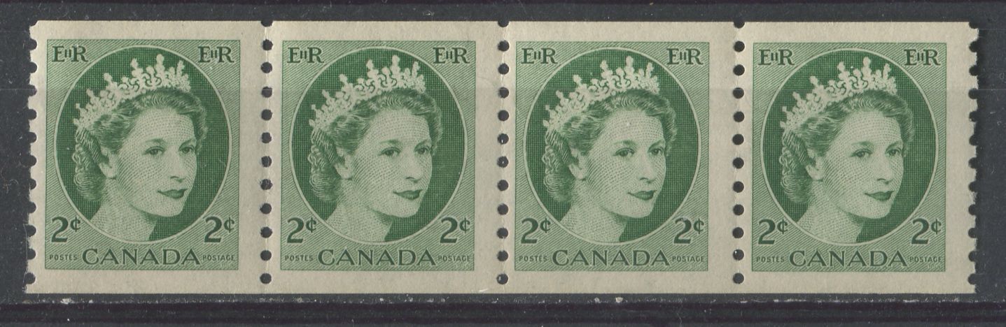 Canada #345 (SG#469) 2c Green 1954 Wilding Issue Coil Strip 4 mm Spacing, DF Gr. Smooth Paper F-70 NH Brixton Chrome 