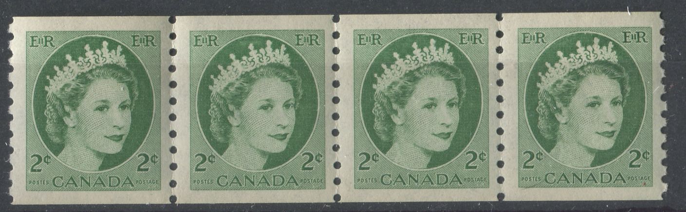 Canada #345 (SG#469) 2c Green 1954 Wilding Issue Coil Strip 4 mm Spacing DF Gr. Smooth Paper VF-80 NH Brixton Chrome 