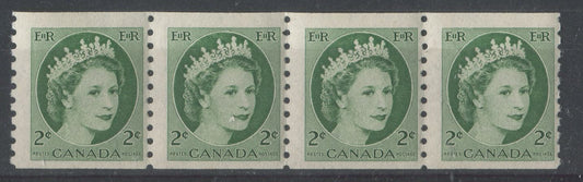 Canada #345iv (SG#469) 2c Green 1954 Wilding Issue Coil Strip DF-fl Gr. Smooth Paper F-65 NH Brixton Chrome 