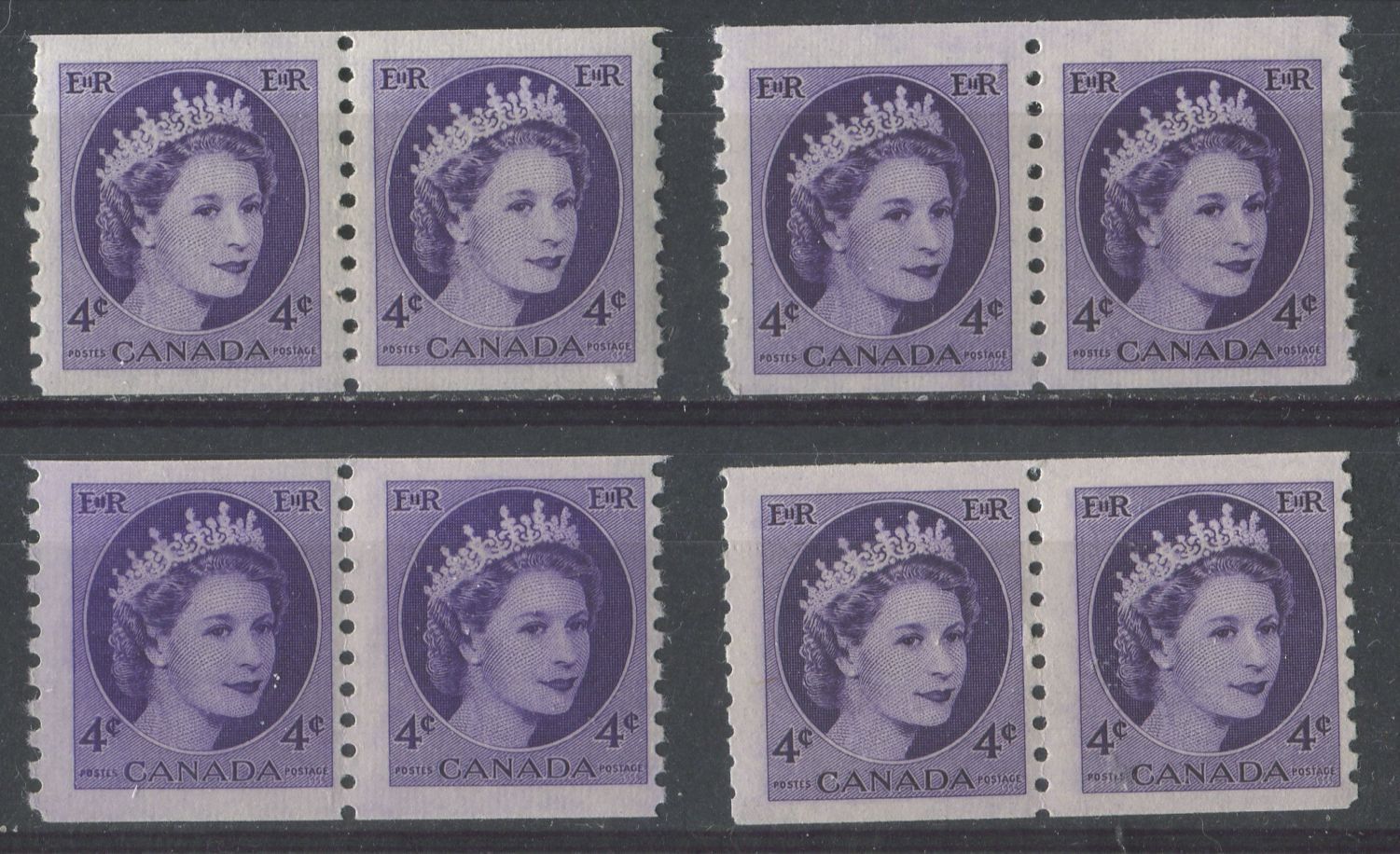 Canada #347 (SG#470) 4c Deep Dull Violet 1954 Wilding Issue Coil Pair DF GW Smooth Paper VF-75 NH Brixton Chrome 