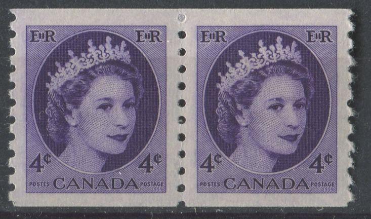 Canada #347 (SG#470) 4c Deep Purple Violet 1954 Wilding Issue Coil Pair DF GW Smooth Paper VF-80 NH Brixton Chrome 