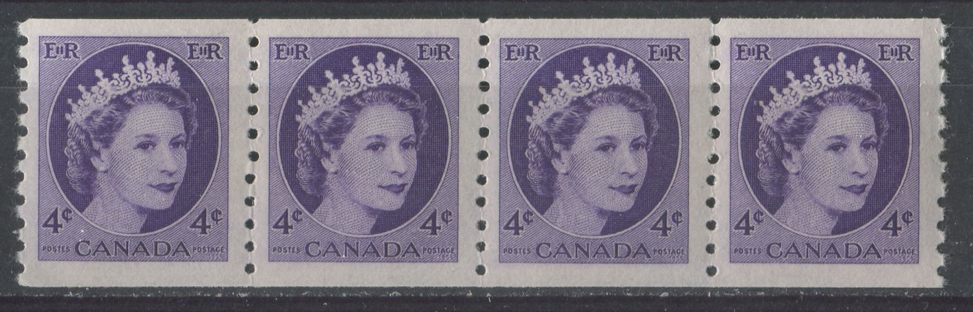 Canada #347 (SG#470) 4c Violet 1954 Wilding Issue Coil Strip 4 mm Spacing DF Gr. Smooth Paper VF-75 NH Brixton Chrome 