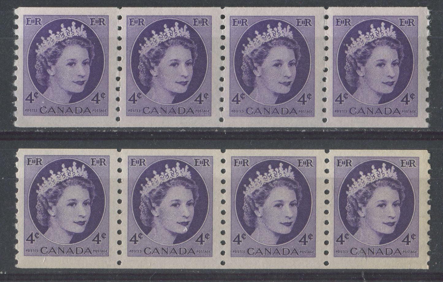 Canada #347 (SG#470) 4c Violet 1954 Wilding Issue Coil Strip 4 mm Spacing DF Gr. Smooth Paper VF-75 NH Brixton Chrome 