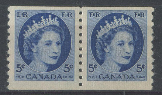 Canada #348 (SG#471) 5c Dark Blue 1954 Wilding Issue Coil Pair DF Ivory Ribbed Paper VF-75 NH Brixton Chrome 
