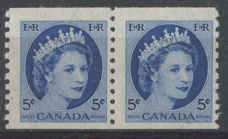 Canada #348 (SG#471) 5c Deep Ultramarine 1954 Wilding Issue Coil Pair DF Gr. Ribbed Paper, Satin Gum F-70 NH Brixton Chrome 