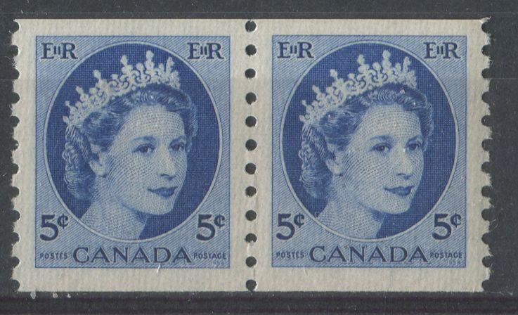 Canada #348 (SG#471) 5c Deep Ultramarine 1954 Wilding Issue Coil Pair DF Ivory Ribbed Paper VF-80 NH Brixton Chrome 