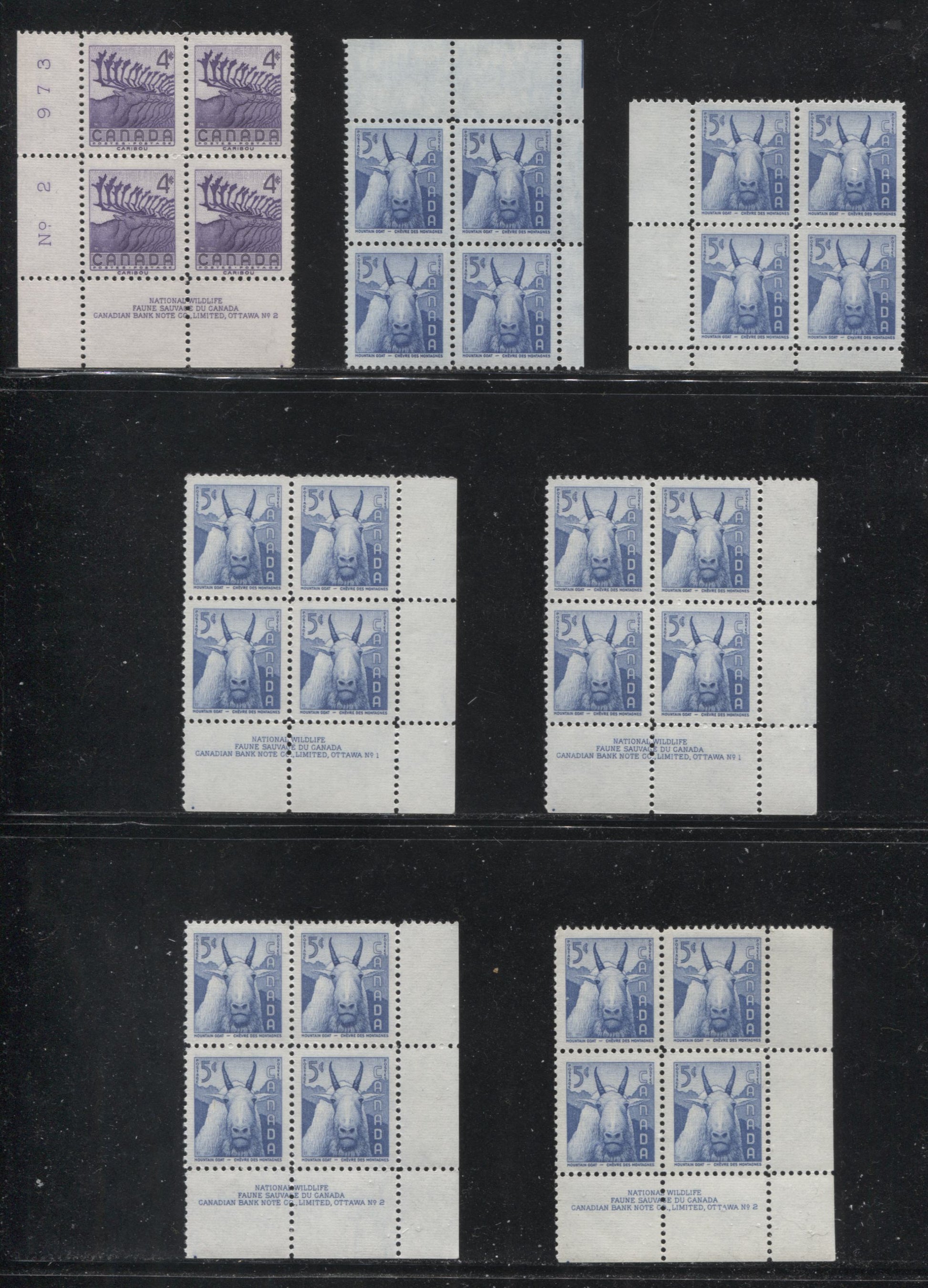 Canada #359-361 4c Violet and 5c Ultramarine, Hockey Players, Caribou & Mountain Goat, 1956 Hockey and National Wildlife Week Issue, A Specialized Group of 13 Blocks From Plates 1 and 2, Showing Different Perforations, Papers and Shades, VFNH Brixton Chrome 