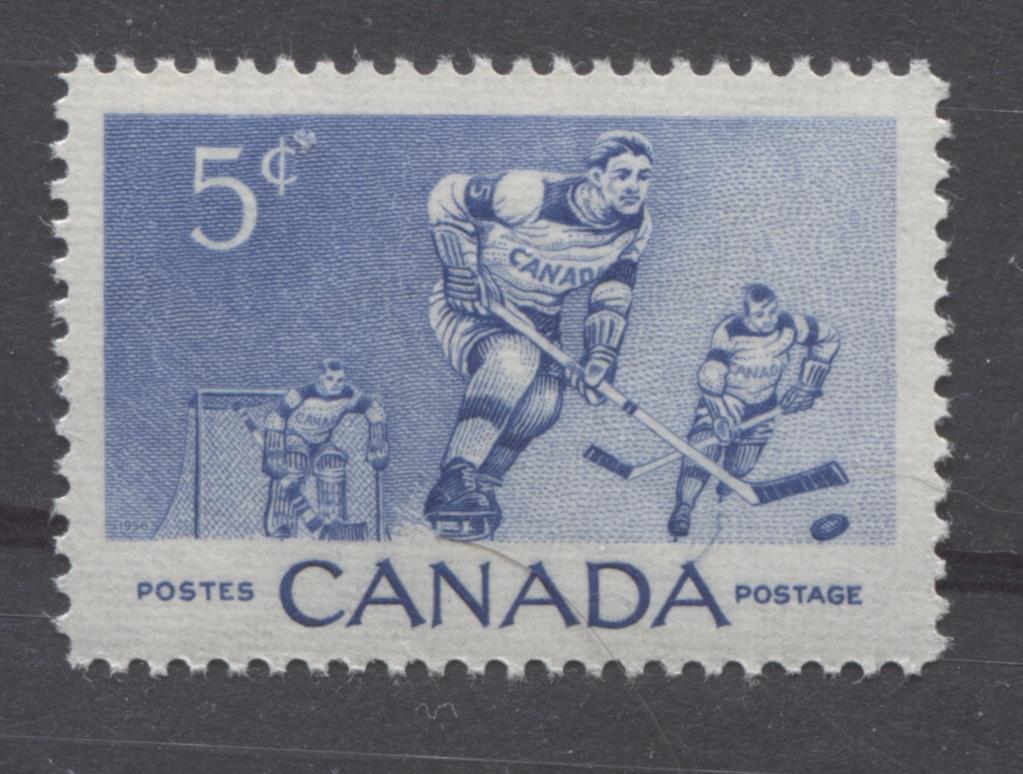 Canada #359 (SG#485) 5c Ultramarine 1956 Hockey Players VF 75/80 NH Brixton Chrome 
