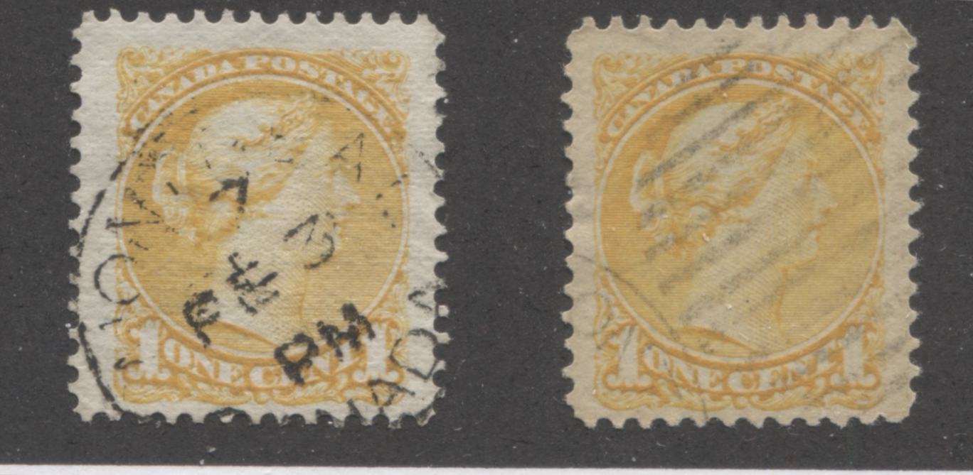 Canada #35i 1c Yellow Queen Victoria, 1870-1897 Small Queen Issue, Two Very Fine Used Examples of the Late Montreal Printing, Each a Different Shade or Paper, Perf. 12 Brixton Chrome 