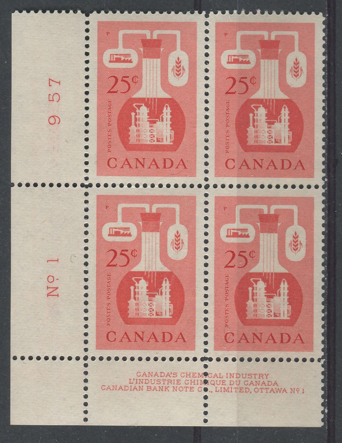 Canada #363 (SG#489) 25c Vermilion Chemical Industry 1956-1967 Wilding Issue Plate 1 LL DF Gr. Ribbed Paper VF-80 NH Brixton Chrome 
