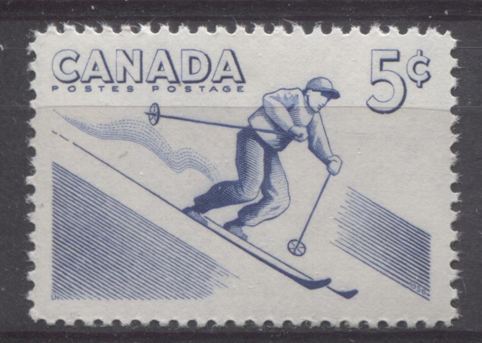 Canada #368 (SG#494) 5c Ultramarine Skiing 1957 Recreational Sports Issue VF 75/80 NH Brixton Chrome 