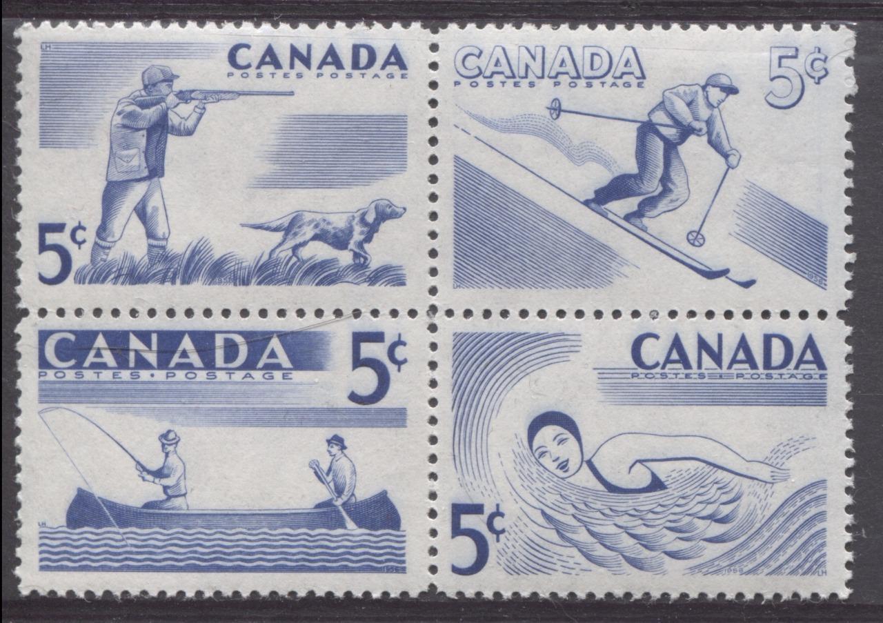 Canada #368a (SG#491a) 5c Ultramarine 1957 Recreational Sports Issue Set Of 14 Blocks Comprising All Possible Stamp Combinations VF 75/80 NH Brixton Chrome 