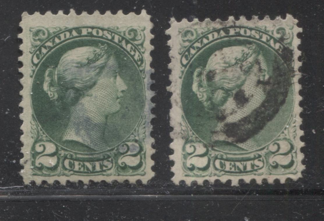 Canada #36e 2c Grass Green Queen Victoria, 1870-1897 Small Queen Issue, Two Fine Used Examples of the Mid-Montreal Printing on Stout Vertical Wove, Each a Slightly Different Shade, Perf. 11.75 x 12 Brixton Chrome 