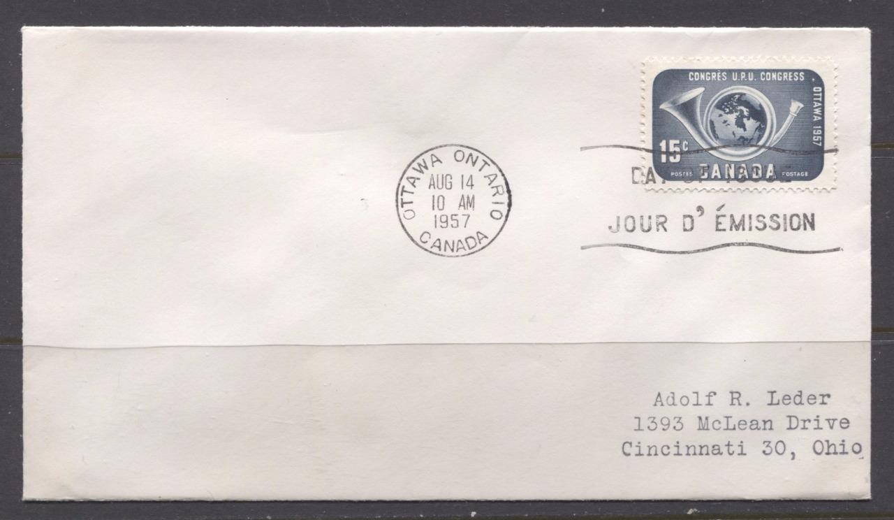 Canada #372 (SG#498) 1957 15c Blackish Blue 1957 UPU Congress Issue Addressed First Day Cover SUP-97 Brixton Chrome 