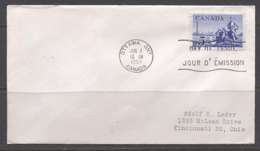Canada #378 (SG#504) 5c Deep Ultramarine 1958 La Verendrye Issue, Addressed First Day Cover XF-90 Brixton Chrome 