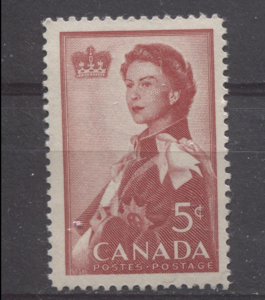 Canada #386 (SG#512) 5c Dark Carmine Queen Elizabeth II 1959 Royal Visit VF 75/80 NH Brixton Chrome 