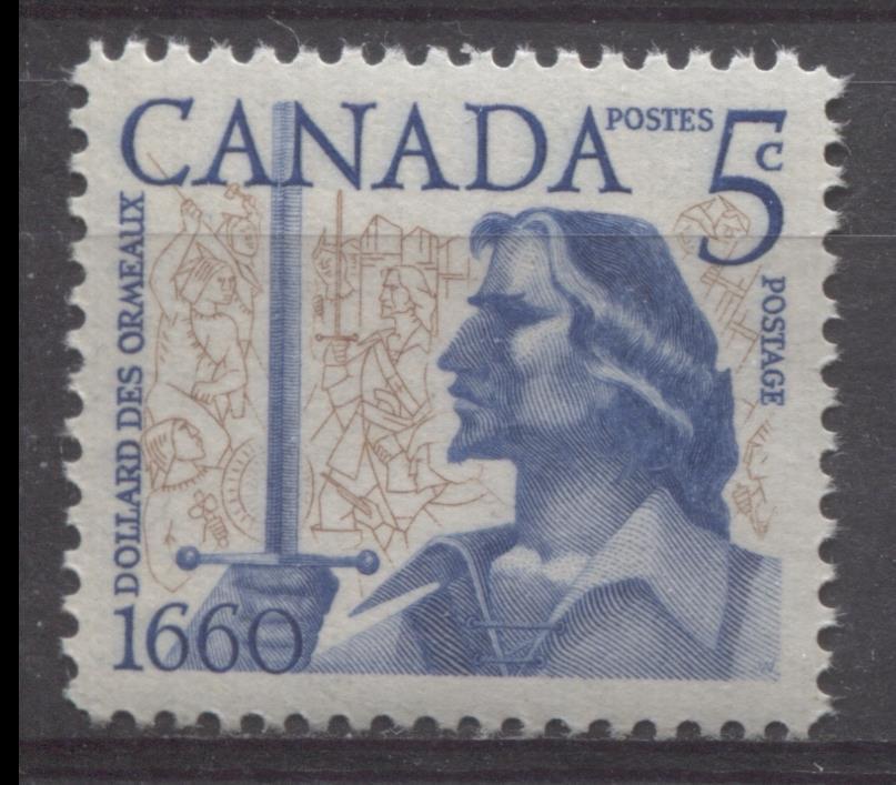 Canada #390 (SG#516) 5c Ultramarine And Bistre Brown 1960 Battle of the Long Sault Issue VF 75/80 NH Brixton Chrome 