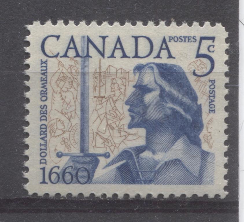 Canada #390 (SG#516) 5c Ultramarine And Bistre Brown 1960 Battle of the Long Sault Issue VF 84 NH Brixton Chrome 