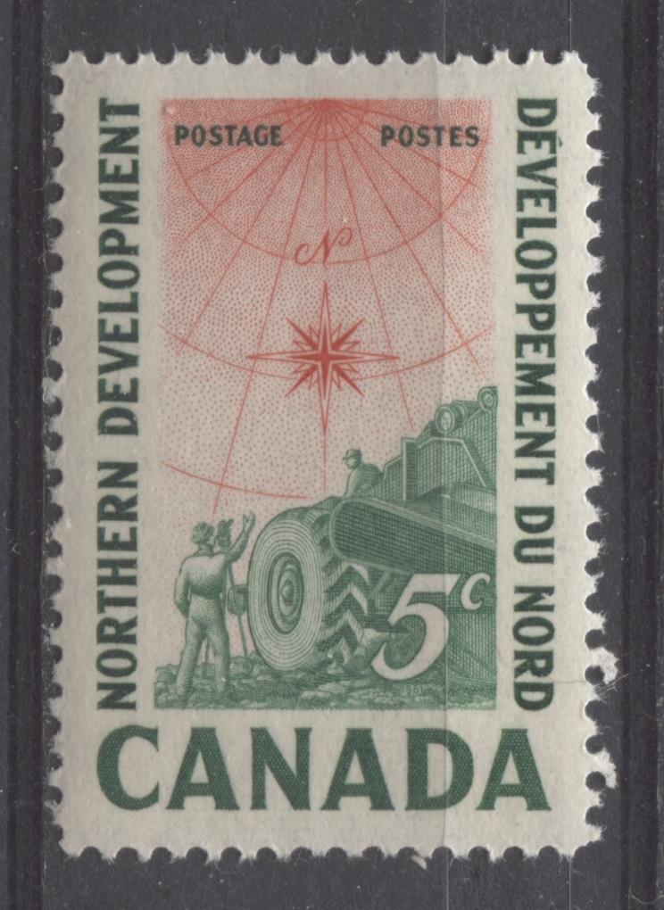 Canada #391 (SG#517) 5c Green And Vermilion Surveying Crew 1961 Northern Development Issue VF 75/80 NH Brixton Chrome 