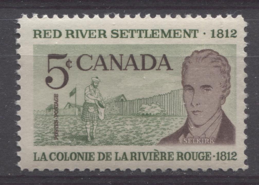 Canada #397i (SG#523) 5c Light Green And Violet Brown Lord Selkirk 150th Anniversary of Red River Settlement on LF-fl Paper VF 75/80 NH Brixton Chrome 