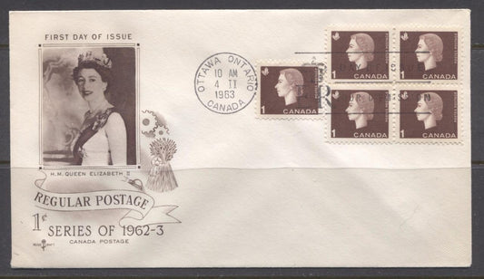 Canada #401 (SG#527) 1963 1c Brown Cameo Issue Rose Craft First Day Cover XF-85 Brixton Chrome 