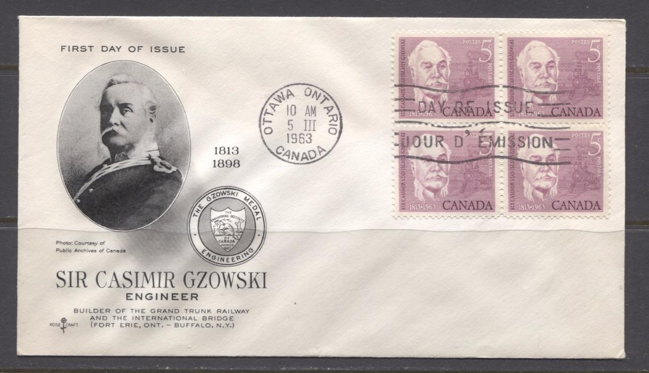 Canada #410 (SG#535) 1963 5c Casimir Gzowski Issue Rose Craft First Day Cover XF-91 Brixton Chrome 