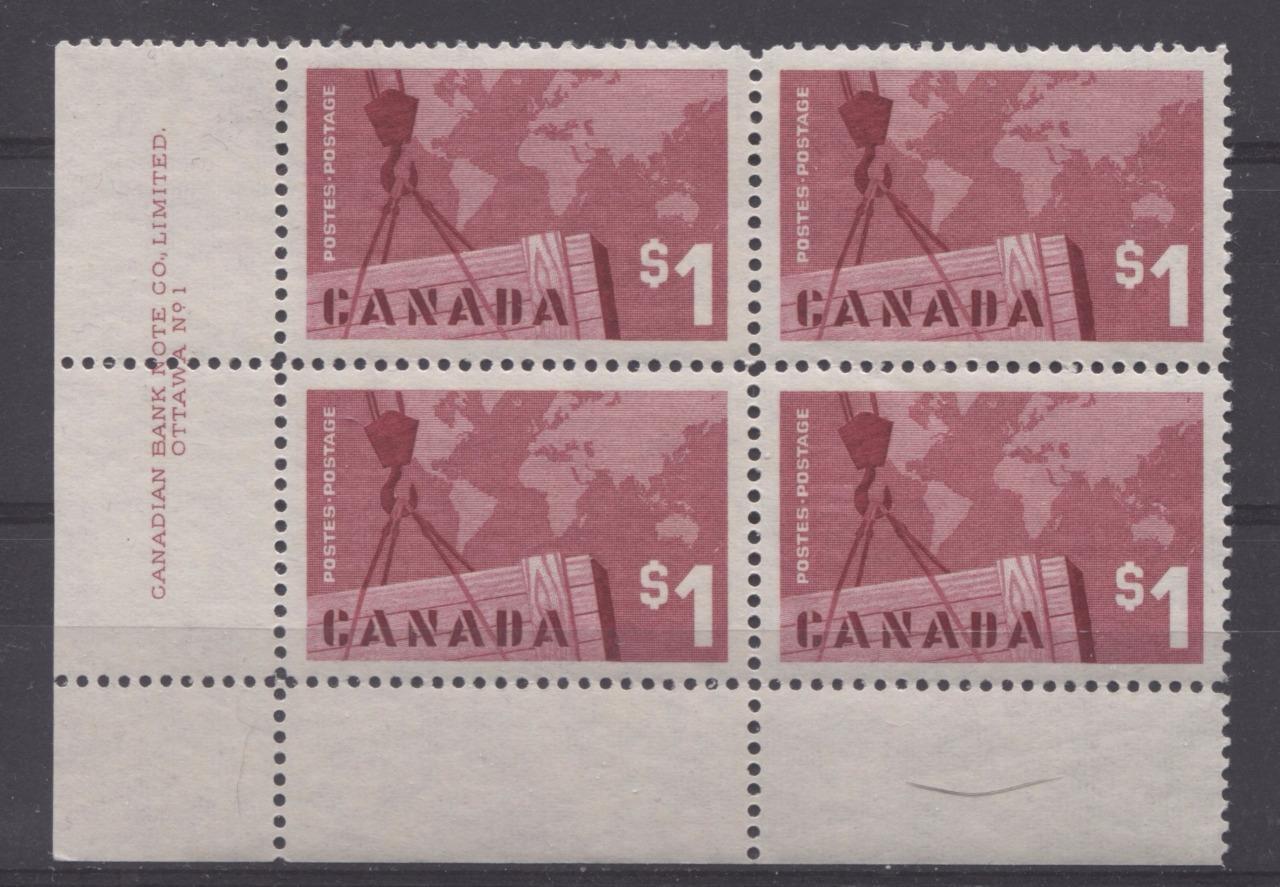 Canada #411 (SG#536) $1 Bright Carmine Exports 1963-1967 Cameo Issue LL Plate Block DFBW Paper VF-82 NH Brixton Chrome 