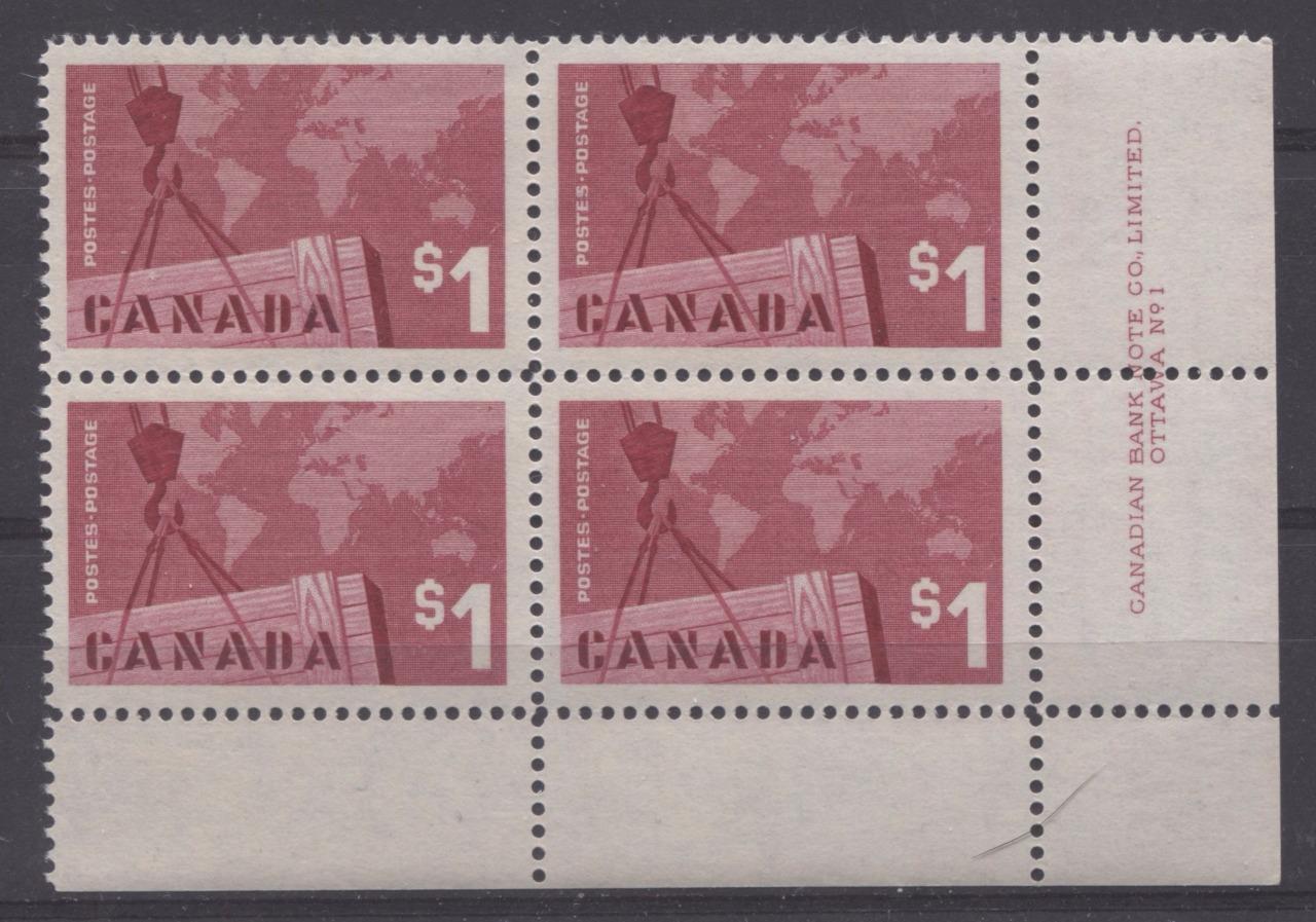 Canada #411 (SG#536) $1 Bright Carmine Exports 1963-1967 Cameo Issue LR Plate Block DFBW Paper VF-80 NH Brixton Chrome 