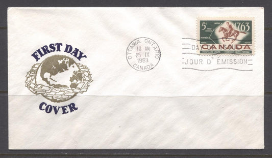 Canada #413 (SG#538) 1963 5c First Postal Service Globe Cachet First Day Cover XF-89 Brixton Chrome 