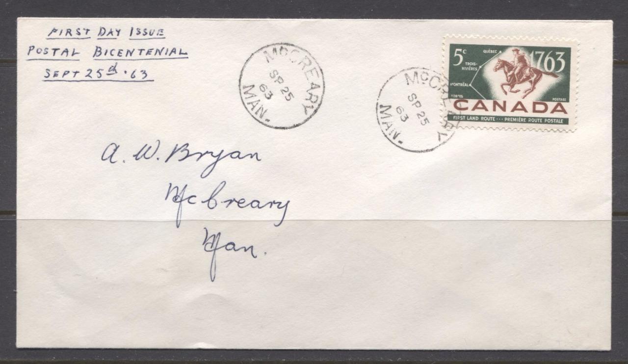 Canada #413 (SG#538) 1963 5c Overland Mail Route Issue Plain First Day Cover, McCreary, Sask XF-91 Brixton Chrome 