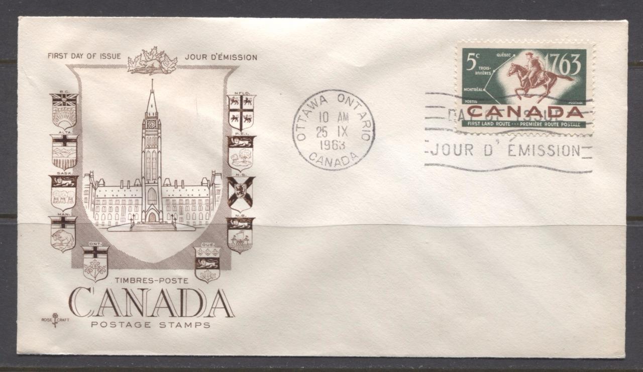 Canada #413 (SG#538) 1963 5c Overland Mail Route Issue Rose Craft First Day Cover XF-86 Brixton Chrome 
