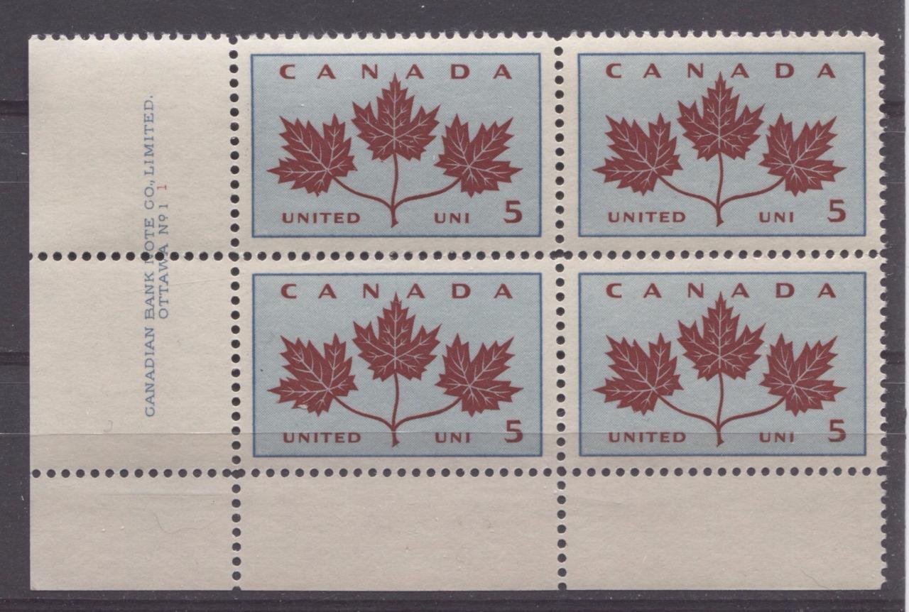 Canada #417 (SG#542) 5c Light Blue And Dark Carmine 1964 Maple Leaves Plate 1 LL VF 84 NH Brixton Chrome 