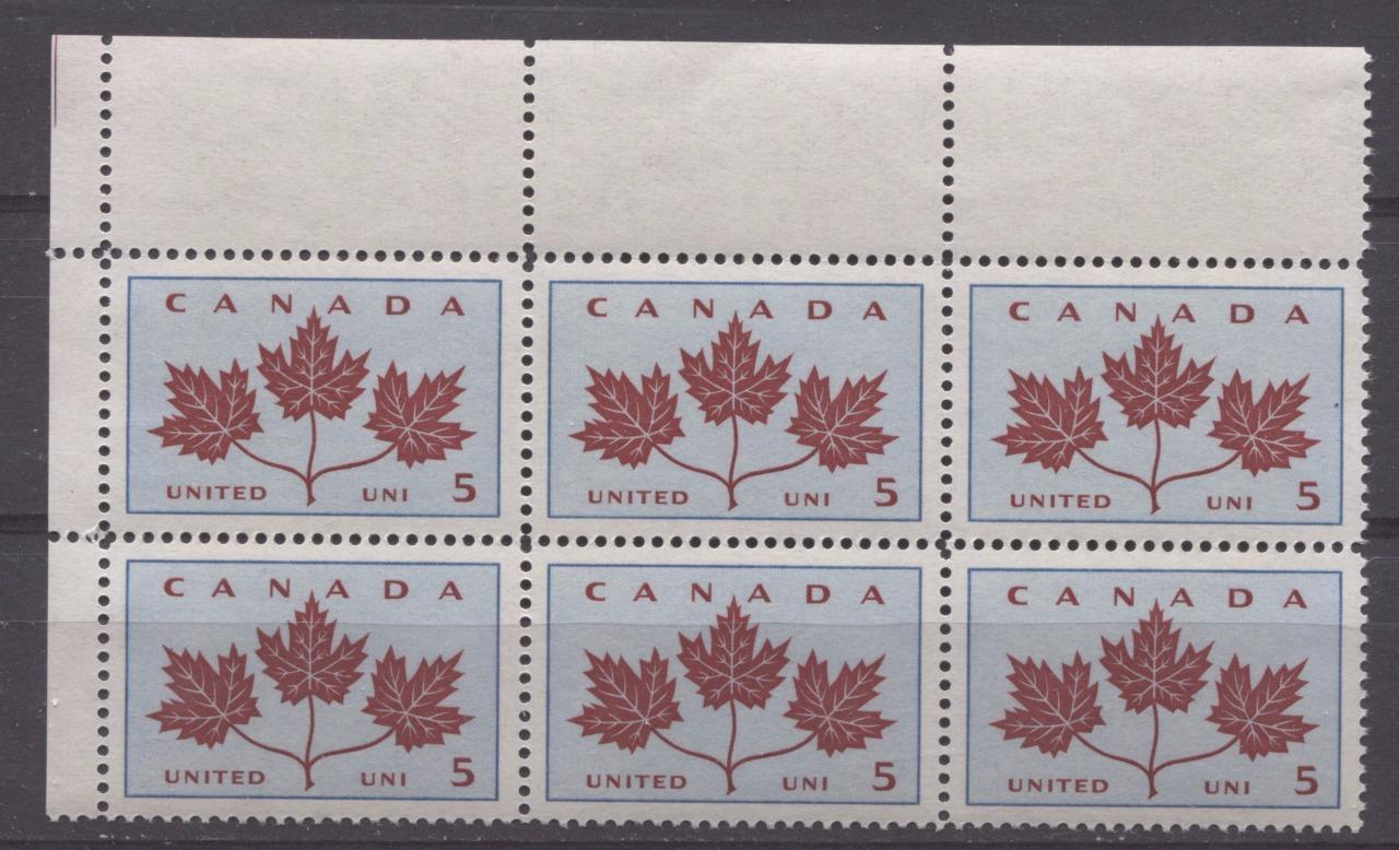 Canada #417 (SG#542) 5c Light Blue & Dark Carmine 1964 Maple Leaves Field Stock Block on DF Paper VF-84 NH Brixton Chrome 