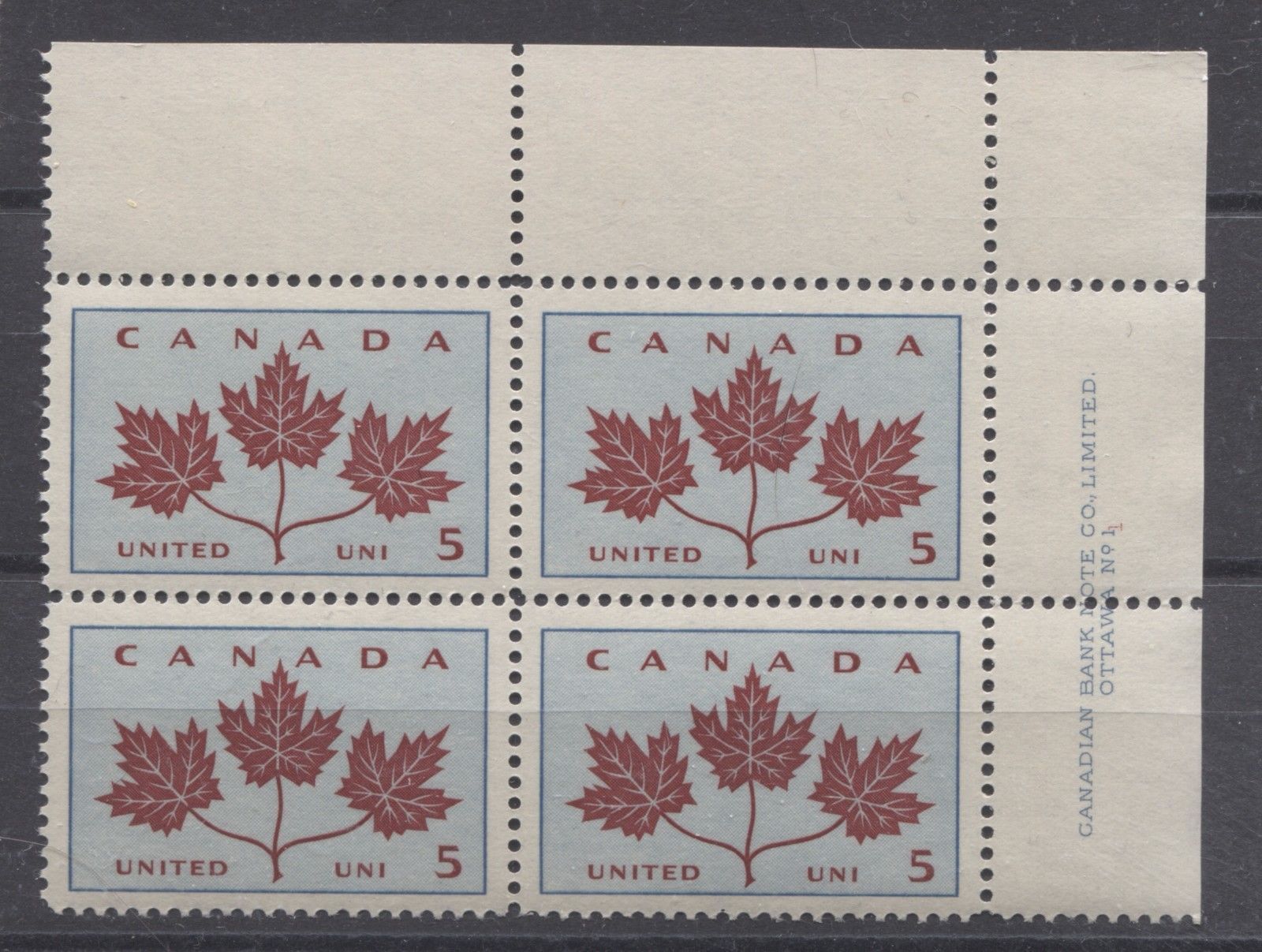 Canada #417 (SG#542) 5c Light Blue & Dark Carmine 1964 Maple Leaves Plate 1 UR VF 75/80 NH Brixton Chrome 