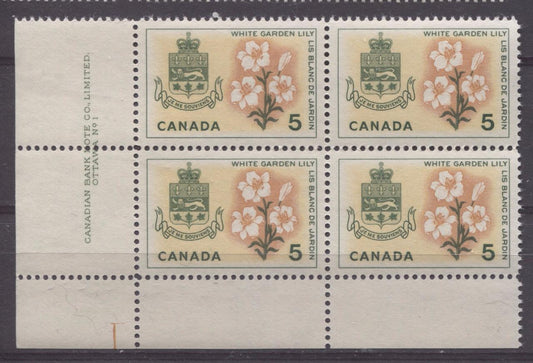 Canada #419 (SG#544) 5c Green, Yellow And Orange Quebec 1964-1966 Provincial Emblems Issue, Plate 1 LL VF 75/80 NH Brixton Chrome 