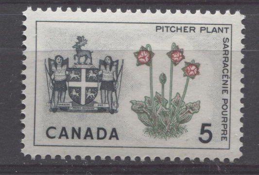 Canada #427 (SG#552) 5c Black, Green And Carmine Newfoundland 1964-1966 Provincial Emblems Issue VF 84 NH Brixton Chrome 