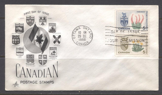 Canada #428-429 (SG#553-554) 5c Northwest Territories and Yukon 1964-1966 Provincial Emblems Art Craft First Day Cover XF-91 Brixton Chrome 