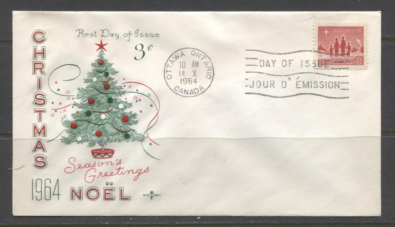 Canada #434 (SG#560) 3c Bright Red 1964 Christmas Issue Rose Craft First Day Cover XF-91 Brixton Chrome 
