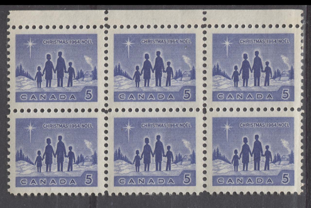 Canada #435piii (SG#561p) 5c Blue Star Of Bethlehem 1964 Christmas Issue Top Margin Block of 6 LF-fl Paper VF 84 NH Brixton Chrome 