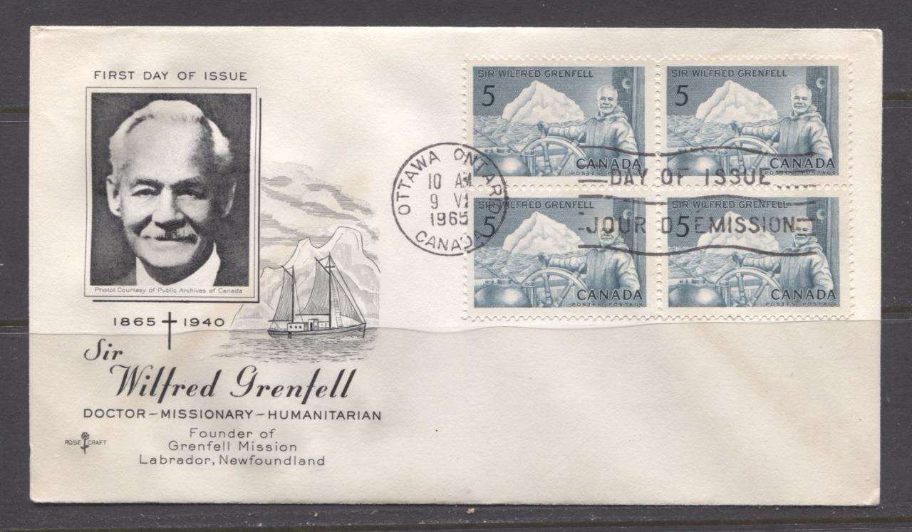 Canada #438 (SG#563) 1965 5c Wilfred Grenfell Issue Rose Craft First Day Cover XF-87 Brixton Chrome 