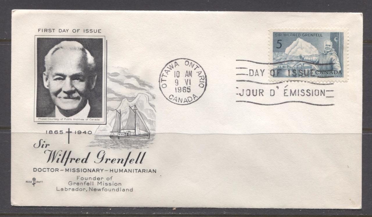 Canada #438 (SG#563) 1965 5c Wilfred Grenfell Rose Craft FDC Dull Paper XF-87 Brixton Chrome 