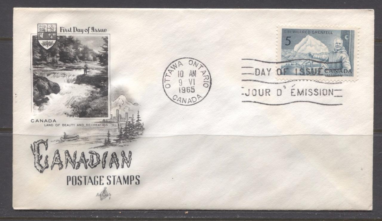 Canada #438 (SG#563) 1965 Sir Wilfred Grenfell Issue Art Craft First Day Cover XF-89 Brixton Chrome 