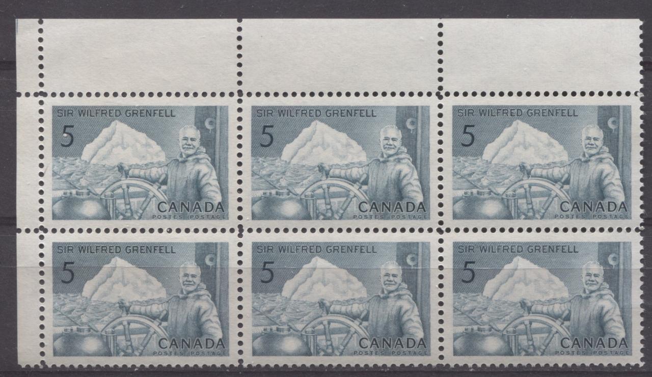 Canada #438 (SG#563) 5c Prussian Blue 1965 Wilfred Grenfell Issue Field Stock Block VF 84 NH Brixton Chrome 