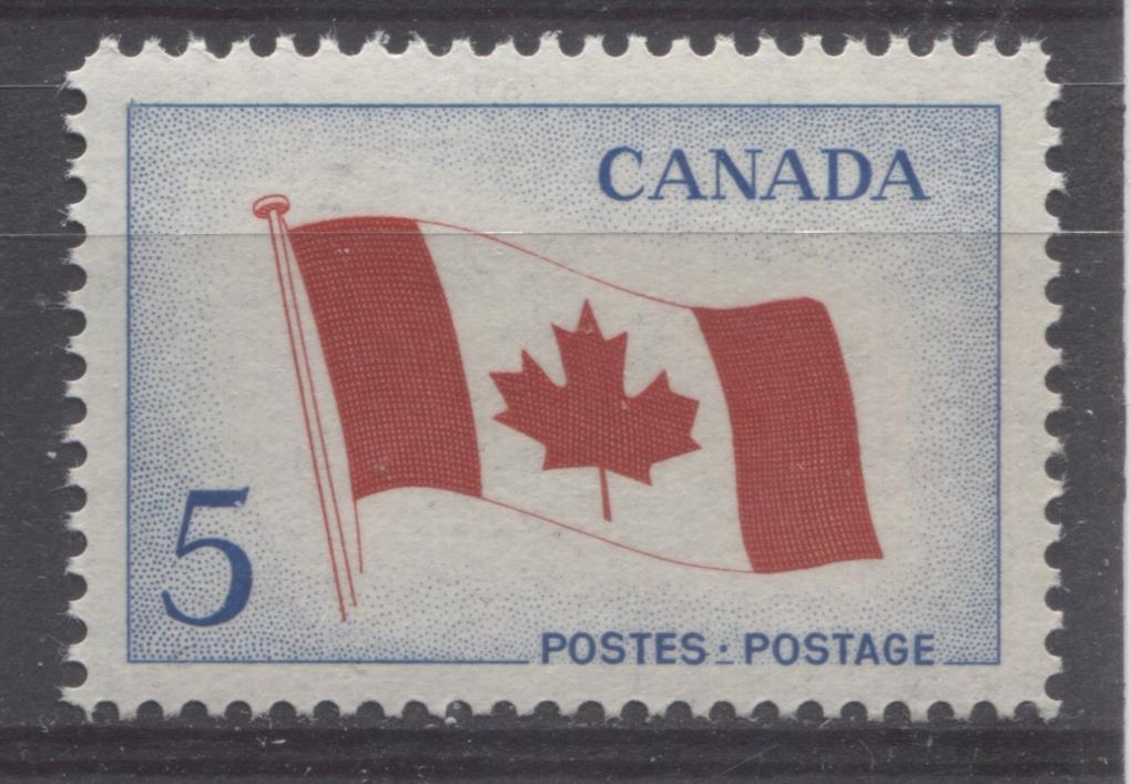 Canada #439 (SG#564) 5c Bright Blue And Red 1965 Canadian Flag Issue DF/LF-fl, S Paper VF 75/80 NH Brixton Chrome 