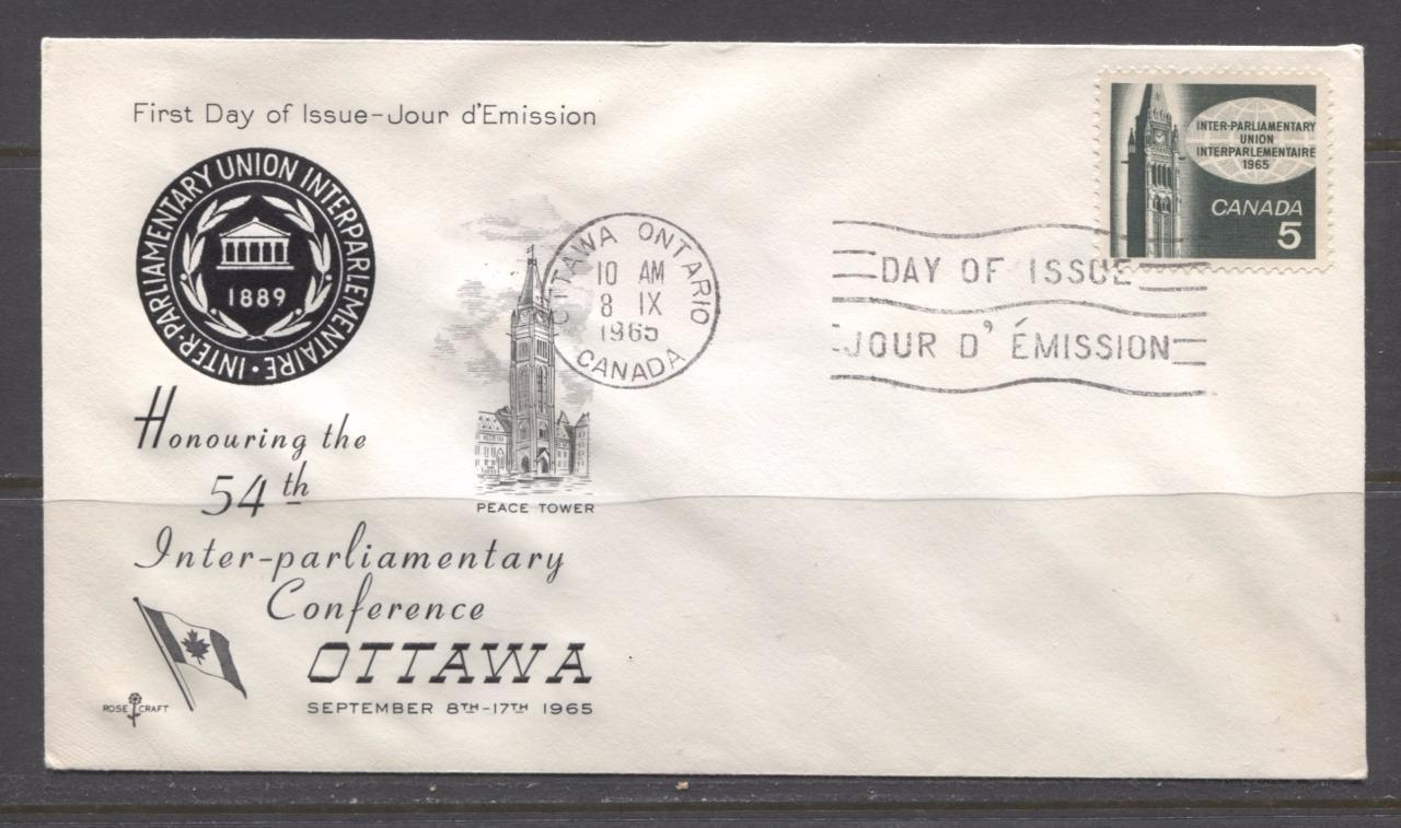 Canada #441 (SG#566) 1965 5c Inter-Parliamentary Union Rose Craft First Day Cover XF-91 Brixton Chrome 