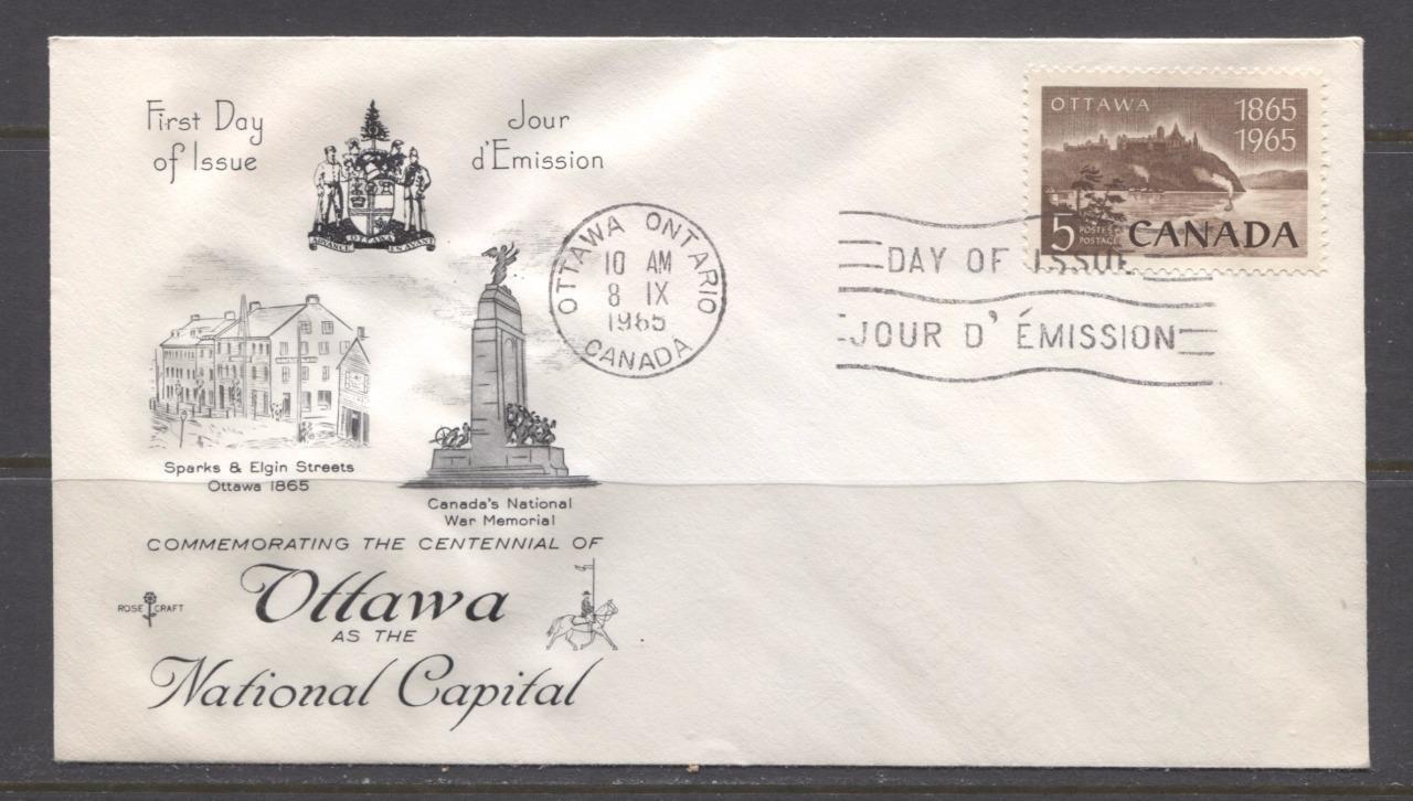 Canada #442 (SG#567) 1965 5c Ottawa Centenary Issue Rose Craft First Day Cover XF-91 Brixton Chrome 