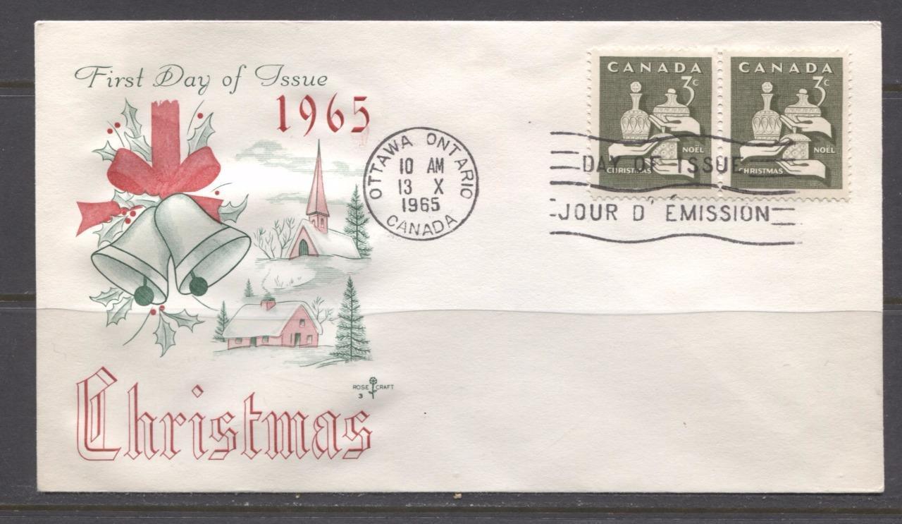 Canada #443 (SG#568) 3c Olive 1965 Christmas Issue Rose Craft First Day Cover XF-91 Brixton Chrome 