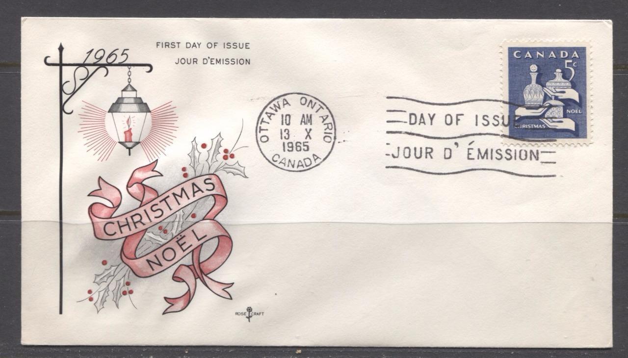 Canada #444 (SG#569) 5c Violet Blue 1965 Christmas Issue Rose Craft First Day Cover XF-86 Brixton Chrome 