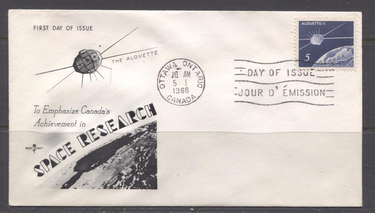 Canada #445 (SG#570) 1966 Alouette II Issue Rose Craft First Day Cover XF-86 Brixton Chrome 